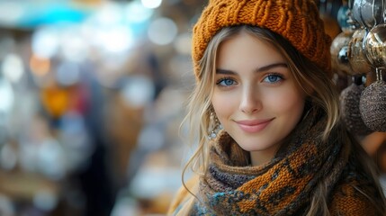 A woman wearing a yellow hat and scarf is smiling