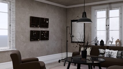 Rendering of a gray living room with dark brown furniture.