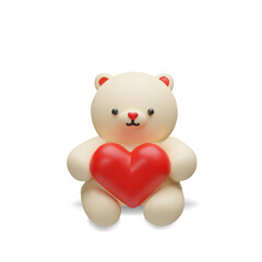 3d render teddy bear with heart. Three-dimensional soft toy for Valentines Day or anniversary. Cute romantic animal character for birthday. Present doll for children. Funny symbol for greeting.