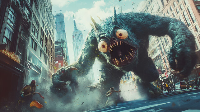 A tyrex in the street of New York Monsters fight in NYC A man with a yellow backpack confronts a giant creature amidst desolate, Generative Ai