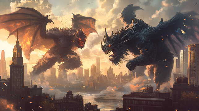 A tyrex in the street of New York Monsters fight in NYC A man with a yellow backpack confronts a giant creature amidst desolate, Generative Ai