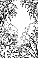 Line art of lush monstera leaves and tropical foliage with intricate details