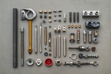 Obraz premium An assortment of car parts and tools including bolts, nuts, spark plugs, and wrenches neatly organized on a smooth surface, ideal for a catalog. Generative AI