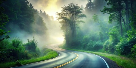 Fototapeta premium A winding road through a misty forest, sunlight breaking through the canopy, creating a magical, ethereal atmosphere.