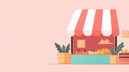 Obraz premium Eco-Friendly Renewal Through Recycling concept. A colorful market stall with a striped awning, showcasing various fruits and vegetables in a charming, minimalist design.