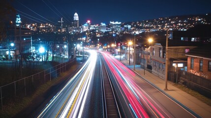 Obraz premium Night city highway traffic light trails.