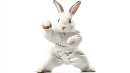 Obraz premium Cheerful bunny spinning in a karate move, isolated in white background