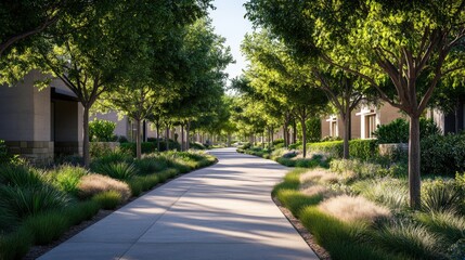 Fototapeta premium peaceful tree-lined pathway in a residential area