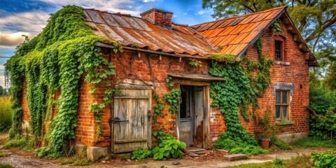 Fototapeta premium A weathered brick building with overgrown ivy, showcasing the passage of time and the resilience of nature