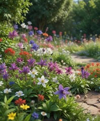 Obraz premium Aquilegia flowers scattered throughout a garden with lush greenery and colorful wildflowers, blossoms, spring blooms, flower