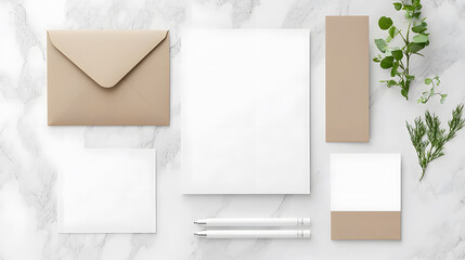 Minimalist stationery mockup featuring envelope, letterhead, and notepads