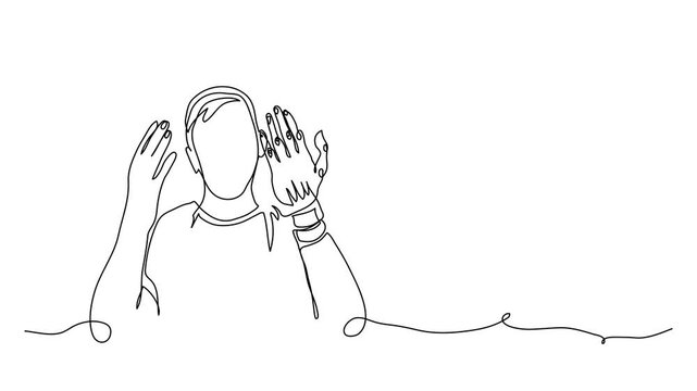 Animated illustration of man with prosthetic arm. He demonstrates prosthetic arm, hand, limb prosthesis footage. One continuous line art, self drawing animation