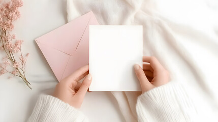 person holding blank greeting card with pink envelope, surrounded by soft textures and flowers