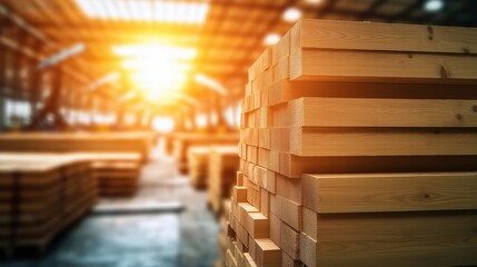 Wooden planks stacked in warehouse with sunlight. Lumber storage concept