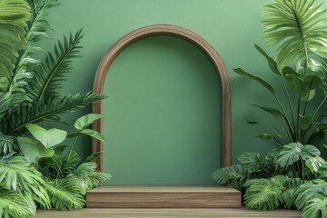 Wooden arch and platform with tropical plants against a green wall.