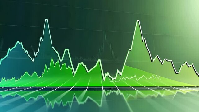 A dynamic abstract financial graph with peaks in neon colors against a dark, gradient background, depicting growth and decline trends.