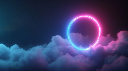 Pink and blue neon ring above clouds.