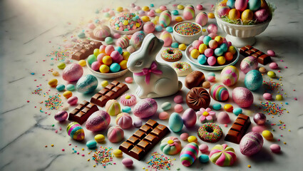Festive Easter Chocolates and Candies on Marble Countertop