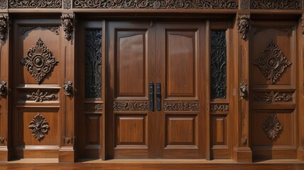 Ornate double wooden doors with intricate carvings.