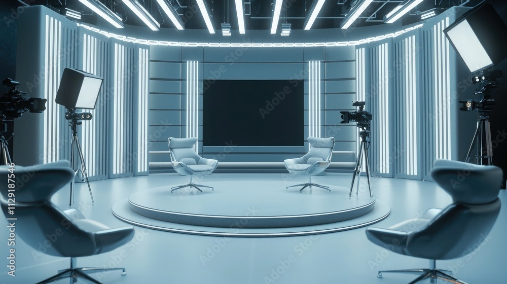 Poster Empty talk show studio set with chairs and cameras. 