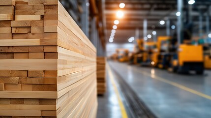 Obraz premium Stacked wooden boards in industrial facility with machinery. Manufacturing storage concept