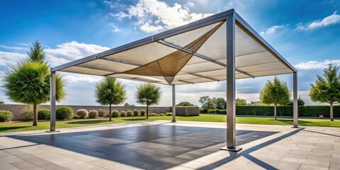 A modern pergola with a mesh canopy creates a shaded outdoor space in a lush green garden