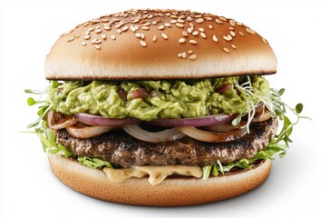 Delicious Hamburger with Fresh Toppings Including Guacamole, Onions, Sprouts, and Sesame Seed Bun Perfect for Food Enthusiasts and Culinary Inspirations