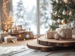 Cozy and warm Xmax scene of a wooden table surrounded by Christmas decorations 