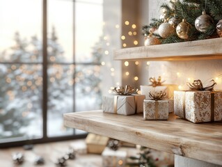 Cozy and warm Xmax scene of a wooden table surrounded by Christmas decorations 