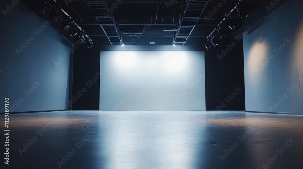 Poster minimalist, empty studio with soft lighting.