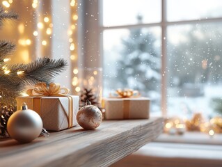 Cozy and warm Xmax scene of a wooden table surrounded by Christmas decorations 