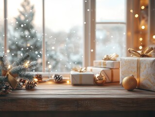 Cozy and warm Xmax scene of a wooden table surrounded by Christmas decorations 
