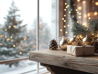 Cozy and warm Xmax scene of a wooden table surrounded by Christmas decorations 