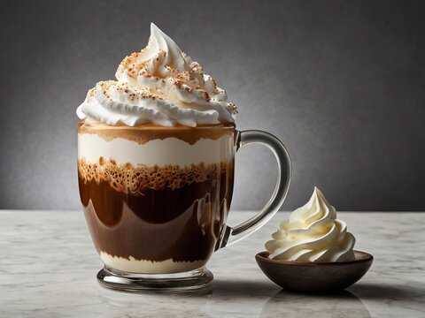 Un vaso elegante lleno de caf&eacute; espresso con una capa de crema batida en la parte superior, adornado con un toque de chocolate derretido