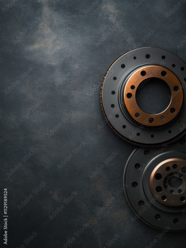Aufkleber brake pads and discs displayed prominently against a dark textured surface, highlighting components 