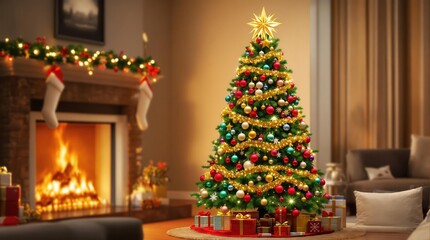 Fototapeta premium A beautifully decorated living room featuring two vibrant Christmas trees, a cozy fireplace, and wrapped presents, creating a magical holiday atmosphere