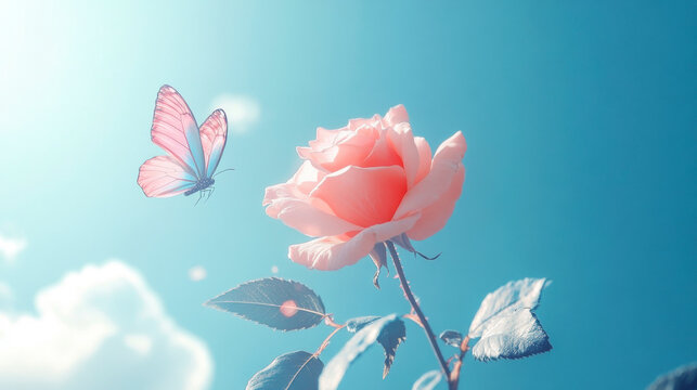 Butterfly and rose interaction nature background digital art serene atmosphere close-up view beauty concept for wallpaper