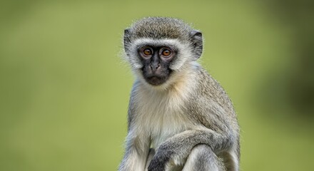 Obraz premium Vervet monkey portrait with green background in natural habitat