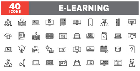 Set of 40 line icons e-learning. Outline icon collection. Editable stroke. Vector illustration.