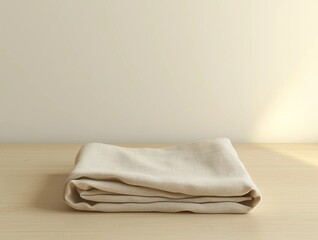 A soft, minimal photo of a folded beige linen napkin on a wooden surface, ideal for clean, natural designs