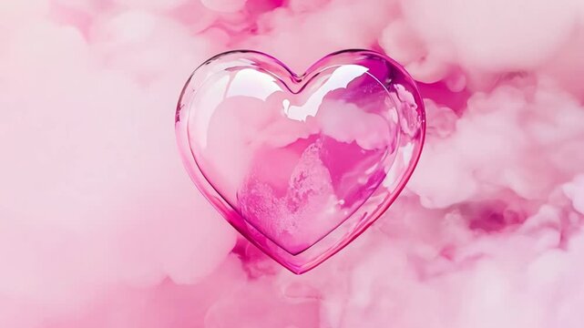 Pink heart in fluffy pastel pink clouds. floats against the background of a pink sky and pink clouds. Small colorful marshmallows fly around Valentine's background
