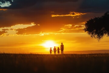 Fototapeta premium family silhouette at sunset in a serene landscape