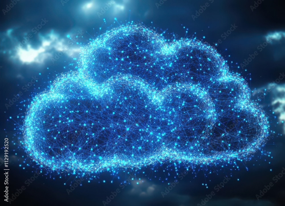 Poster digital cloud technology concept with blue network connecting dots and lines on a dark background re