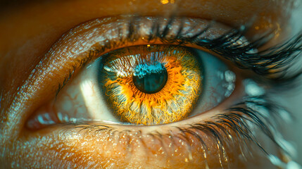 A vibrant close-up of an orange human iris with intricate patterns, reflecting a captivating fiery glow