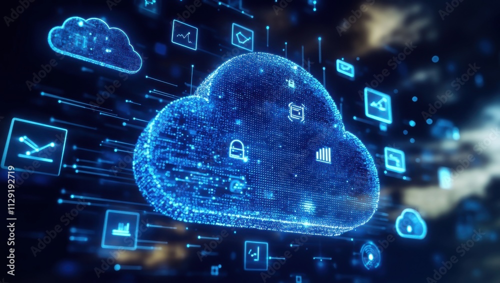 Poster digital cloud technology with data visualization elements representing cloud computing and storage s
