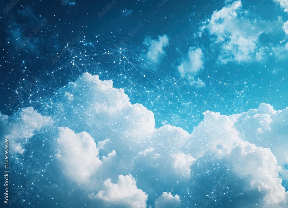 Poster digital representation of cloudy sky with connected points and lines illustrating advanced technolog