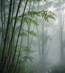 Bamboo stalks and leaves in a misty morning atmosphere, misty landscape, bamboo plants