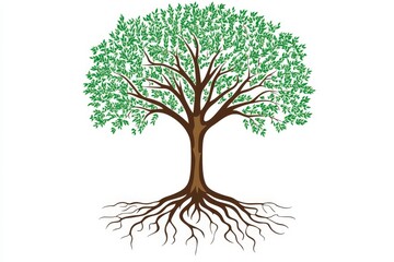 Lush green tree with extensive root system isolated on white.