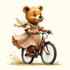 Cute bear riding a bicycle wearing a dress and scarf