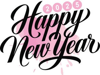 Happy New Year 2025 Watercolor Design: A vibrant, pink and blue watercolor design with the words 